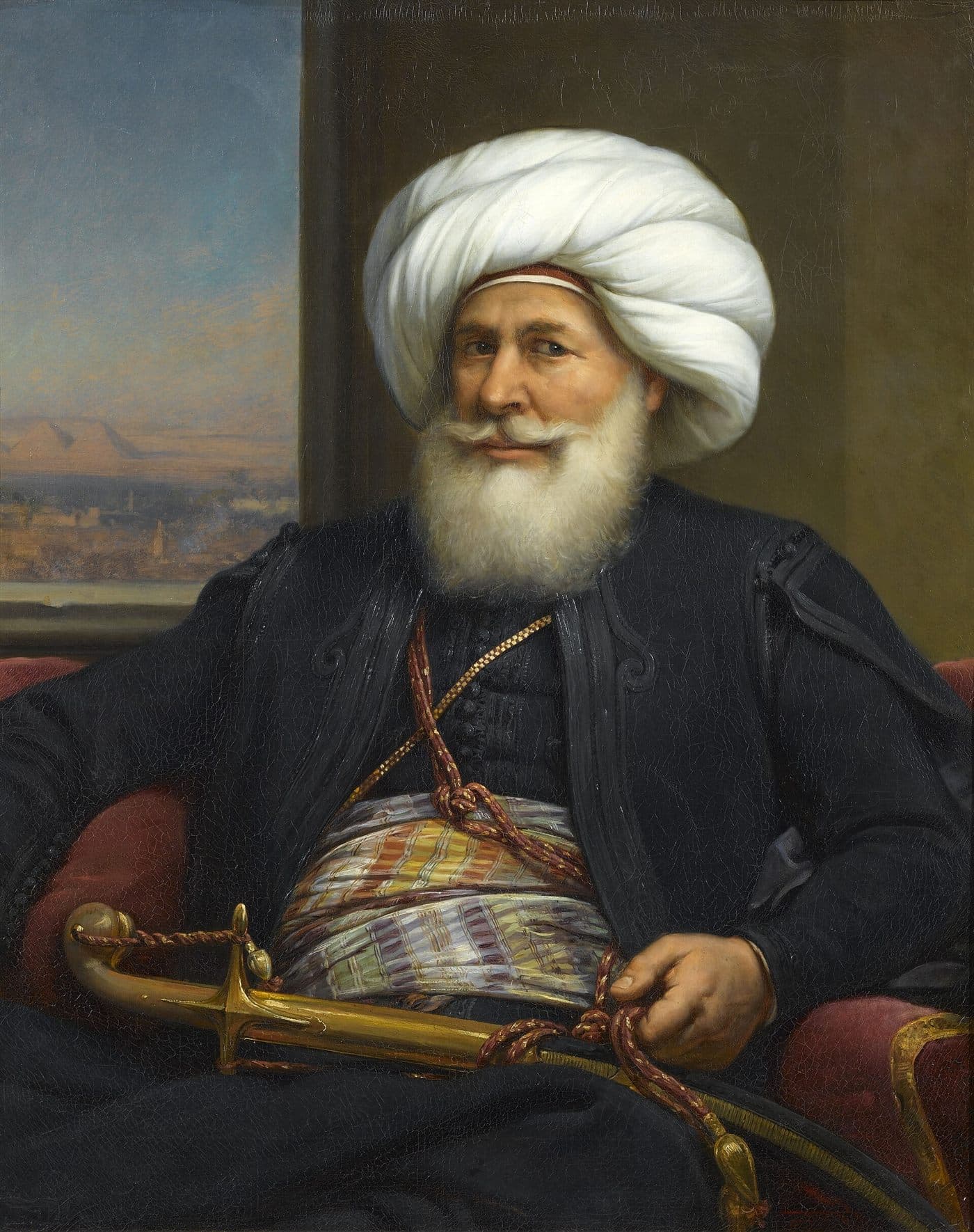 A painted portrait of Muhammad Ali Pasha of Egypt in white turban and rich robes