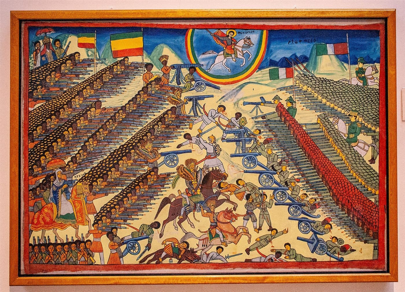 A contemporary Ethiopian painting of the Battle of Adwa with warriors and banners in formation