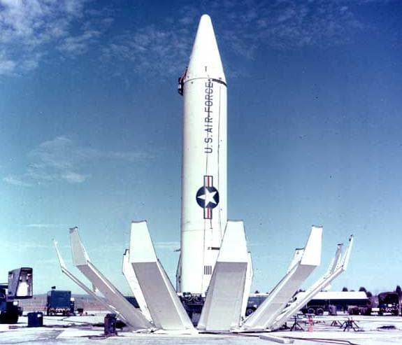 A United States Air Force Thor intermediate-range ballistic missile standing on display