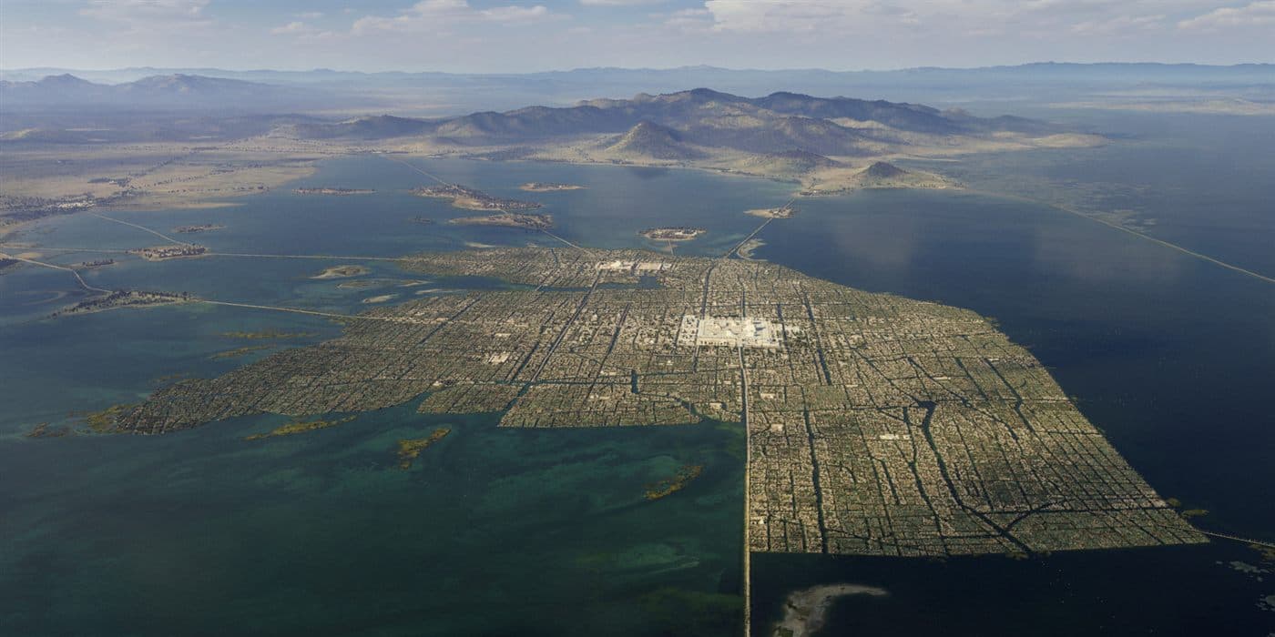 Aerial reconstruction of the island city of Tenochtitlan with its temples, causeways and chinampa gardens