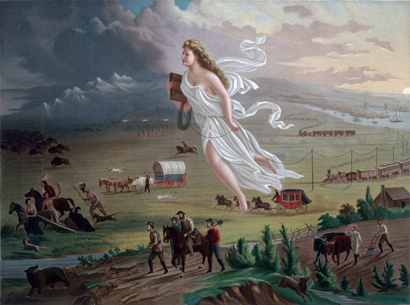 The painting American Progress showing Columbia floating westward with telegraph wire while settlers and stagecoaches follow