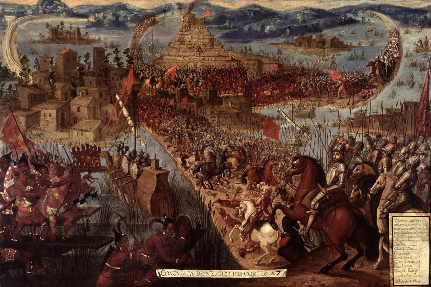 A seventeenth-century painting of the battle for Tenochtitlan with canoes and soldiers on the causeways