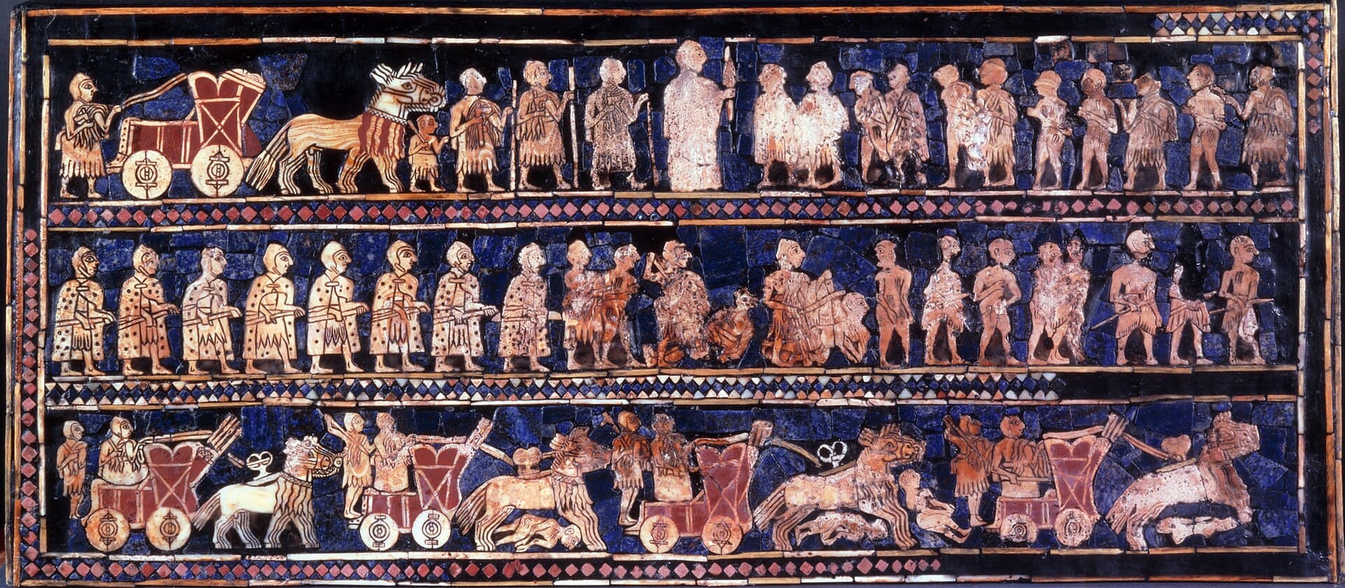The mosaic war panel of the Standard of Ur showing Sumerian chariots and infantry in formation