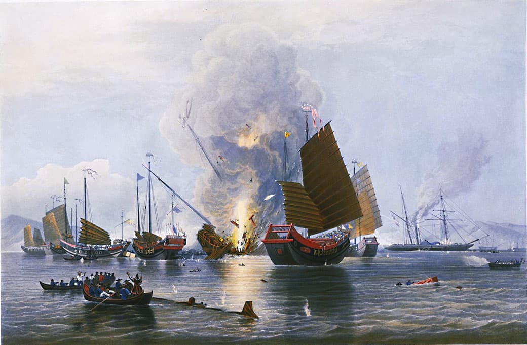 Nineteenth-century naval painting of the steamship Nemesis destroying Chinese war junks