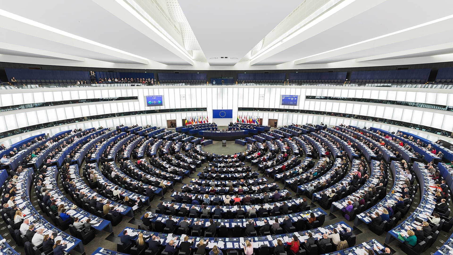 The European Parliament's hemicycle chamber in Strasbourg during a session