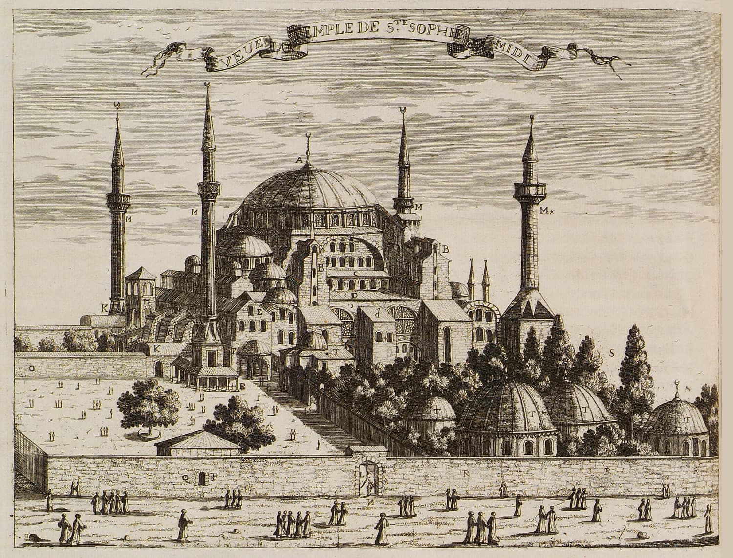 1680 engraving of Hagia Sophia in Constantinople by Guillaume-Joseph Grelot, showing its domed exterior and minarets